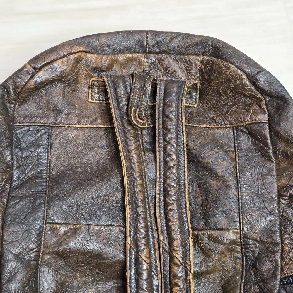 Vintage Tooled Genuine Leather Floral Brown Backpack Made‎ in Mexico